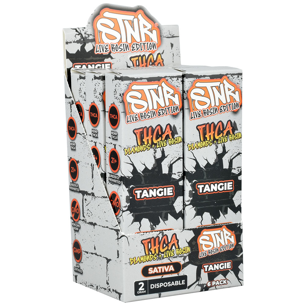 STNR THCA Disposable Vape 2g 6-pack display with Tangie Sativa variety, front view