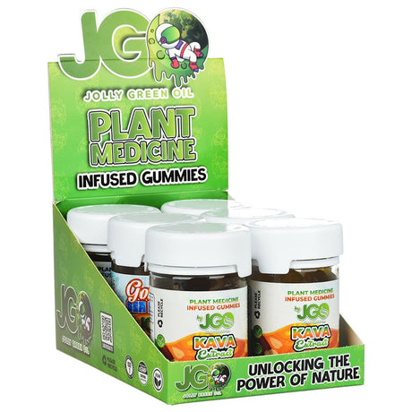 JGO Plant Medicine Infused Gummies displayed in open box, 15000mg 30pc assorted flavors