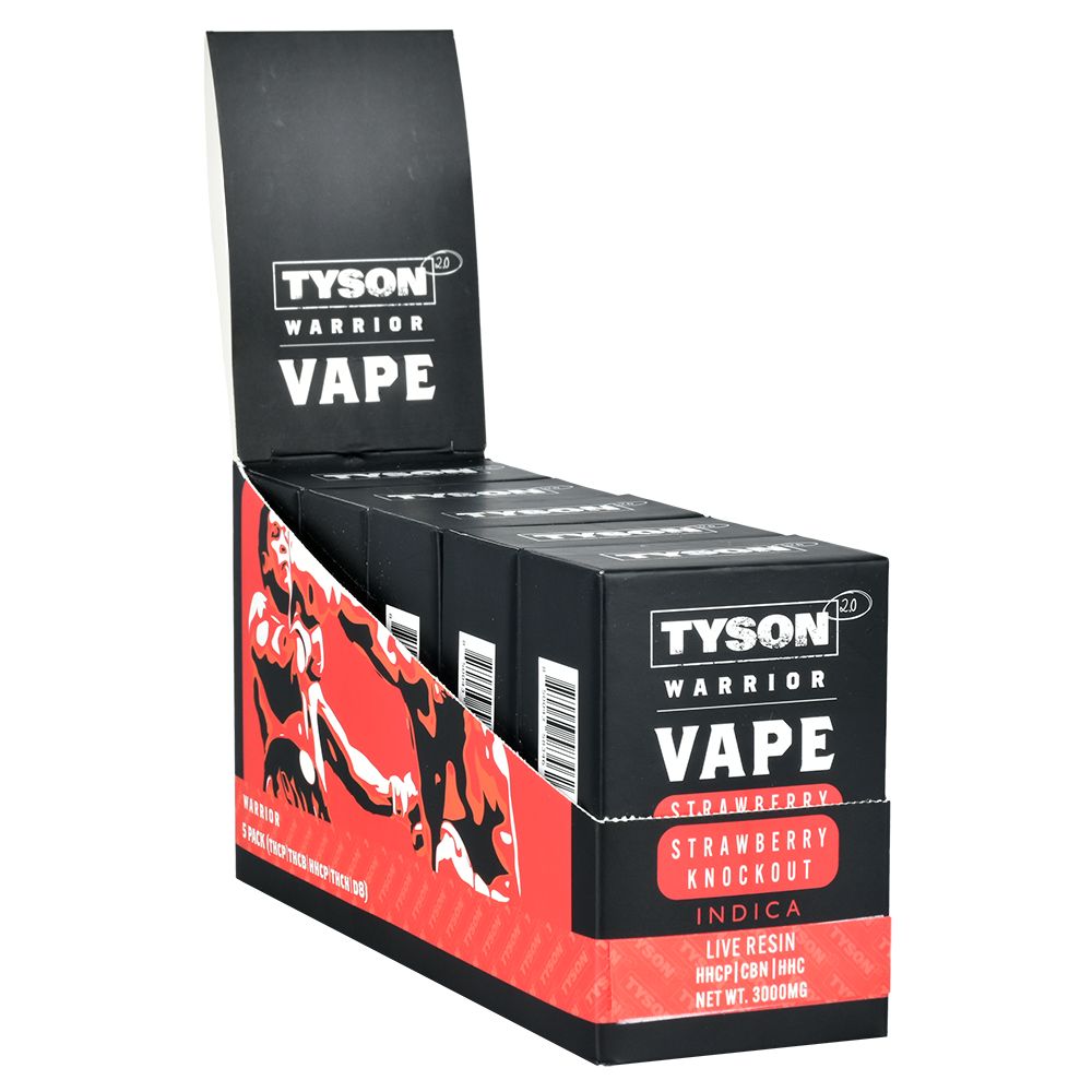 TYSON 2.0 Warrior Live Resin Disposable Vape display box with 5 units, Strawberry Knockout Indica