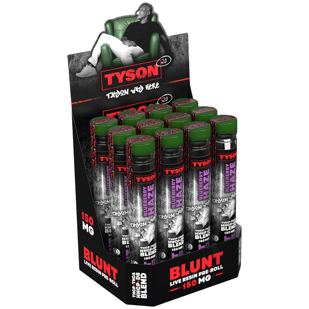 TYSON 2.0 Live Resin D8 Blend Pre-Roll Blunts Display with 12 Blueberry Haze Units