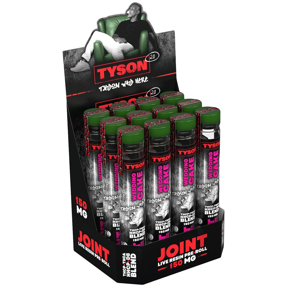 TYSON 2.0 Live Resin D8 Blend Pre-Roll Joint display with 12 units, Wedding Cake variant