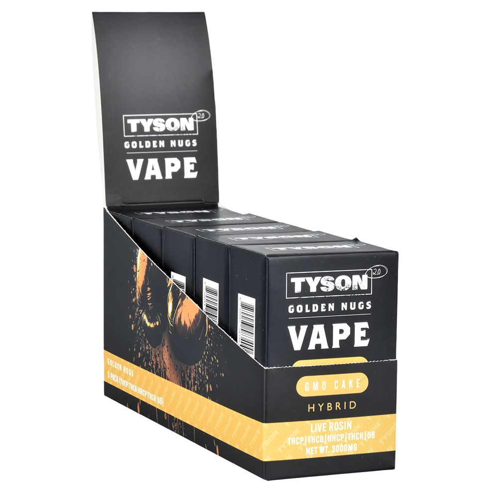 TYSON 2.0 Golden Nugs Live Rosin Disposable Vape Display Box, GMO Cake Variant, 3g, 5ct