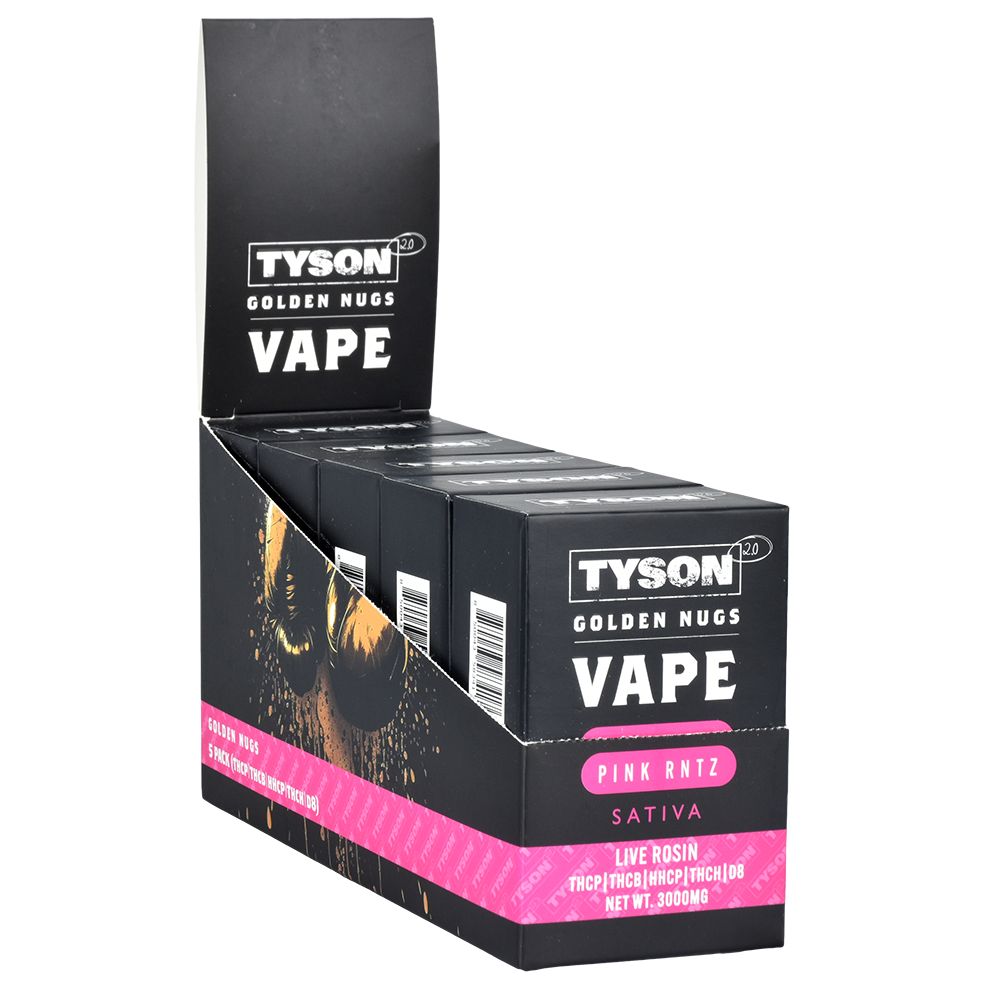 TYSON 2.0 Golden Nugs Live Rosin Disposable Vape display box, Pink RNTZ variant, 3g