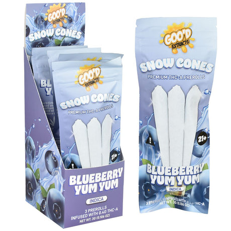 GOO'D Snow Cones THCA Pre-Rolls 3g 3pc 5pk Display front and angle view with blueberry graphics