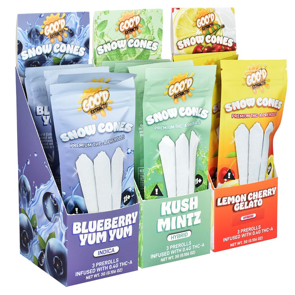 GOO'D Snow Cones THCA Pre-Rolls Display Box featuring 3g 3pc 5pk in Blueberry, Kush Mintz, Lemon Cherry flavors