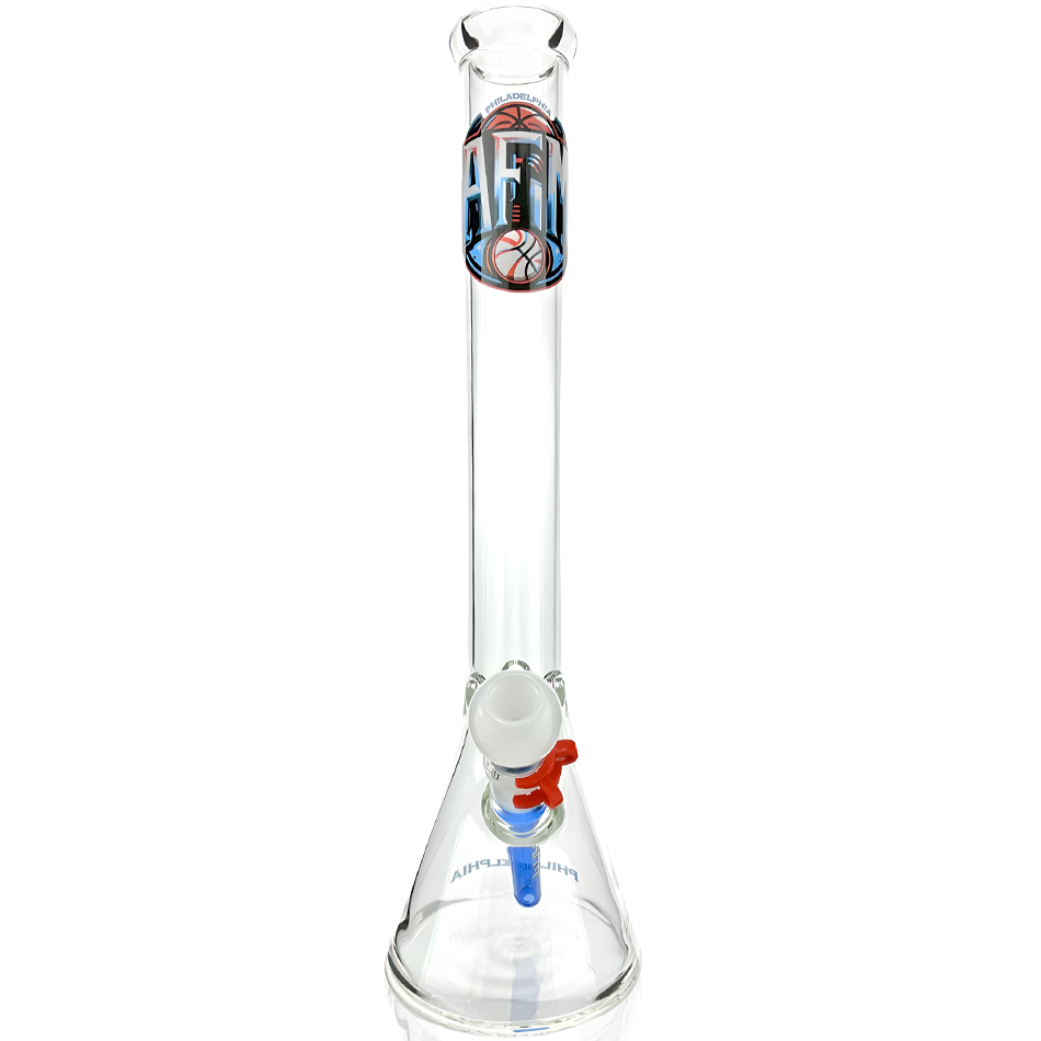 18" AFM Basketball Beaker Bong with Philadelphia theme, front view on white background