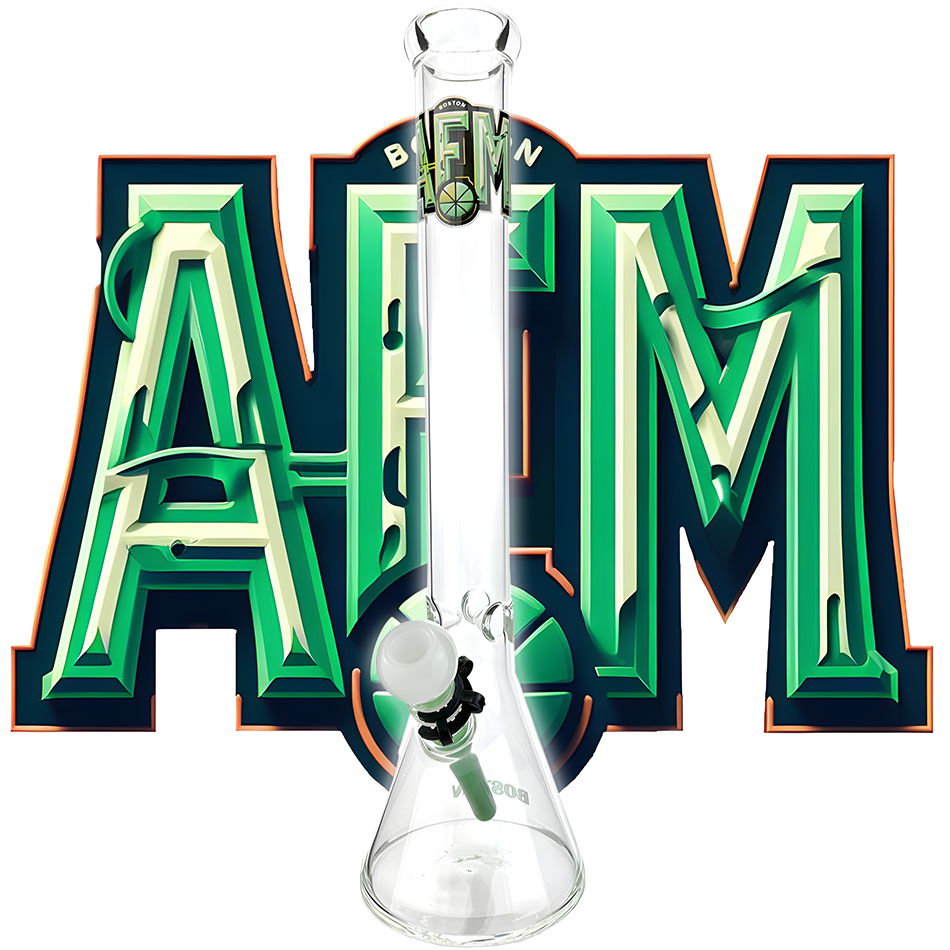 AFM 18" Boston Basketball Beaker Bong in clear borosilicate glass with colored logo, front view