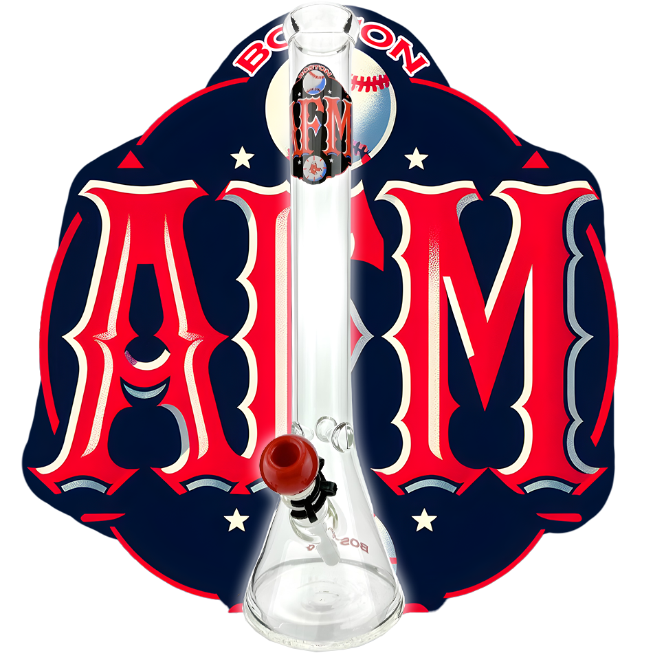 AFM 18" Boston Baseball Beaker Bong with red and blue accents, front view on themed background