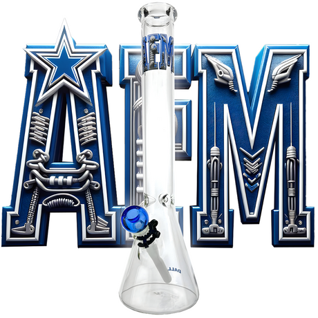 AFM 18" Dallas Football Beaker Bong with blue accents and logo, front view on seamless white background