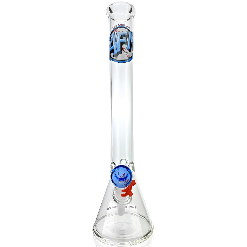 18" AFM Los Angeles Baseball Beaker Bong with blue accents and ice tray, front view on white background