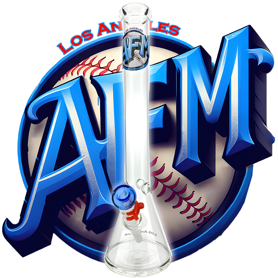 AFM 18" Los Angeles Baseball Beaker Bong, blue logo, front view on seamless white