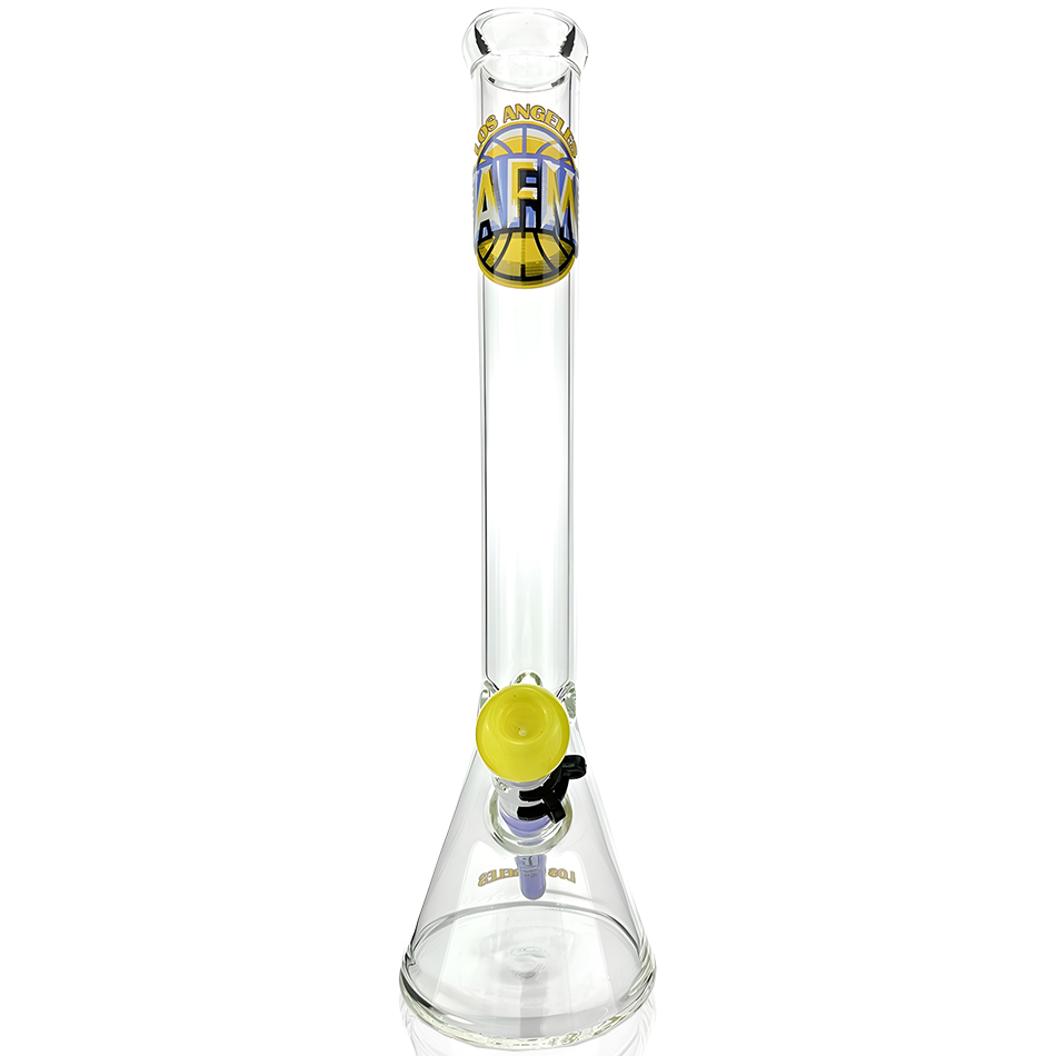 18" AFM Los Angeles Basketball Beaker Bong with yellow accents, front view on a white background