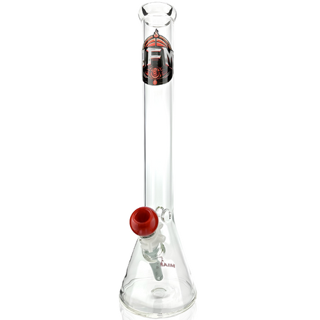 18" AFM Miami Basketball Beaker Bong with red bowl and logo, clear glass, front view on white background