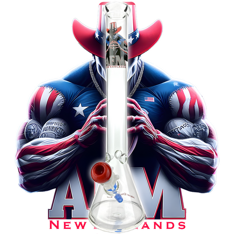 18" AFM Beaker Bong with New England Football design, 5mm thick glass, front view on white background