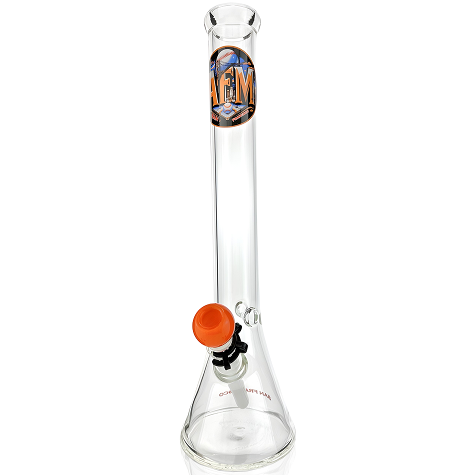 18" AFM San Francisco Baseball Beaker Bong, 5mm thick borosilicate glass, front view on white background