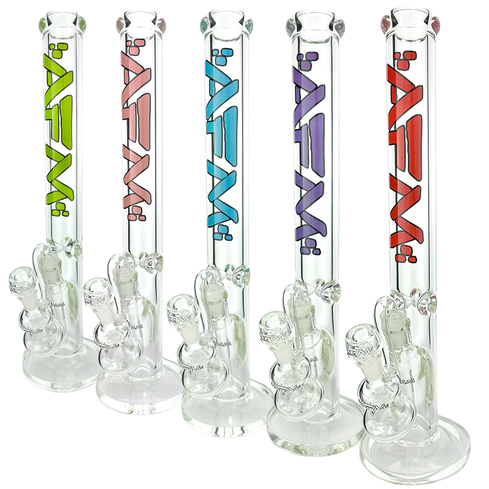 AFM Lightbeam Clear Glass 9mm Straight Tube Bongs, 18" Tall, Front View, Various Colors