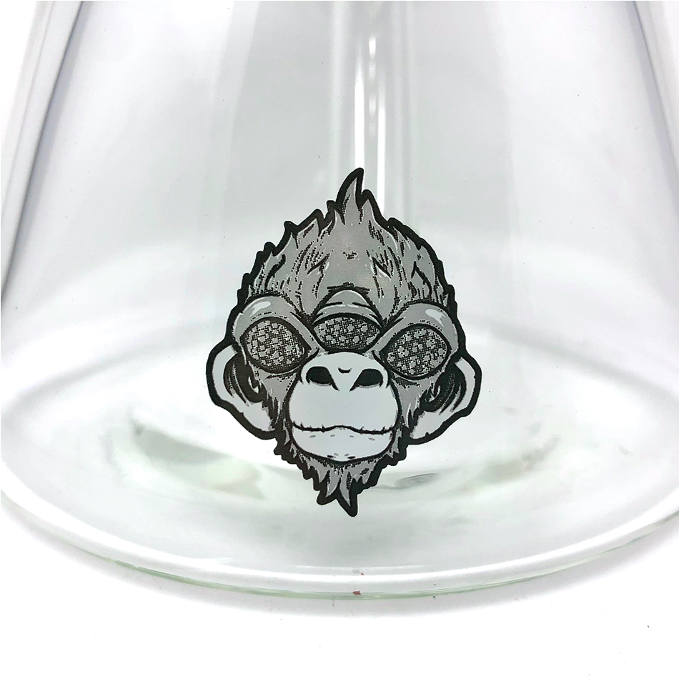 Close-up of AFM 18" Max Beaker 9mm Clear Glass Bong with detailed monkey decal