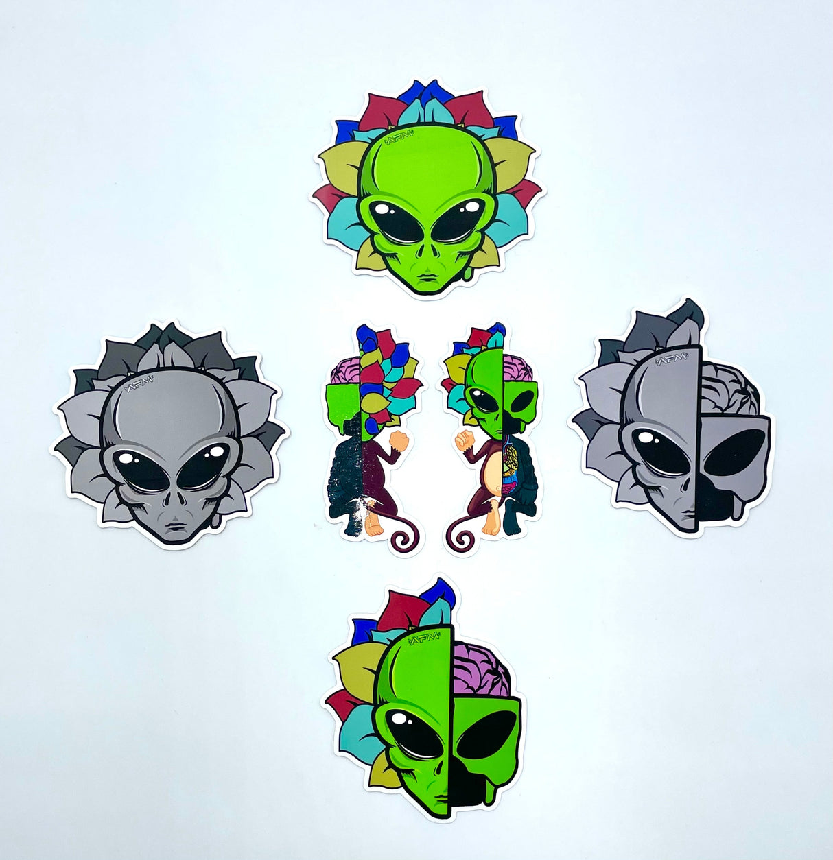 AFM Sticker Pack featuring vibrant multicolor alien designs on durable vinyl, perfect for customizing gear