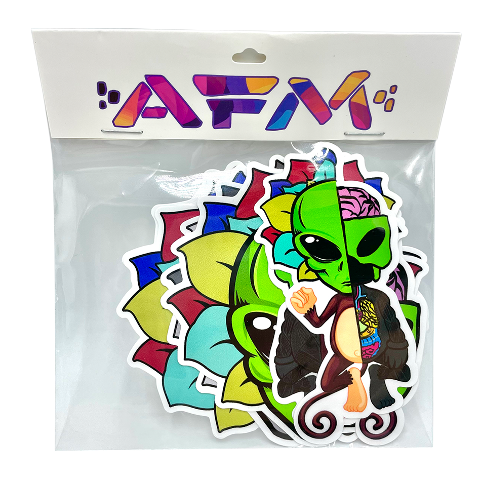 AFM Sticker Pack featuring vibrant multicolor vinyl stickers, front view on white background