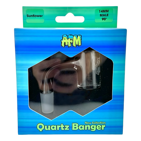 AFM Sunflower Quartz Dab Banger, 14MM Male 90°, packaged front view on blue background