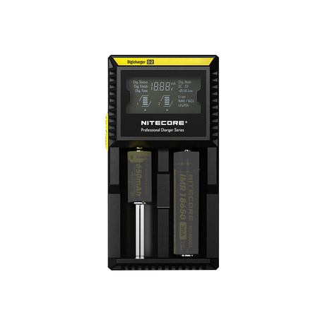Nitecore D2 Charger, digital display, dual-slot for vaporizer batteries, front view on white background