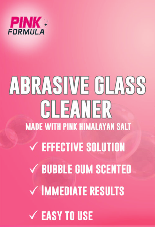 Pink Formula Plus 16oz Abrasive Glass Cleaner front label view highlighting Himalayan salt and bubble gum scent