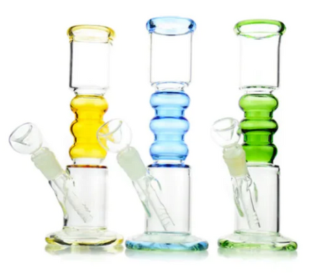 1Stop Glass 10" Straight Tube Bongs in Yellow, Blue, Green Colors with Glass Bowls - Front View