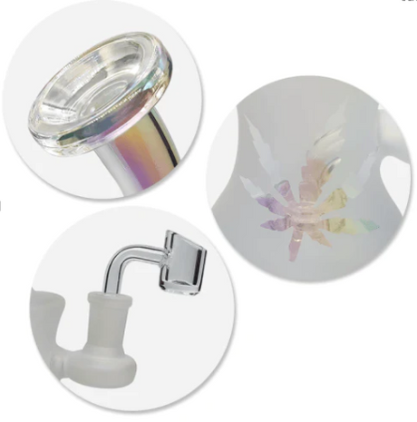 Waxmaid Shower Head Tiny Glass Dab Rig Kit close-ups showing honeycomb percolator, banger, and mouthpiece.