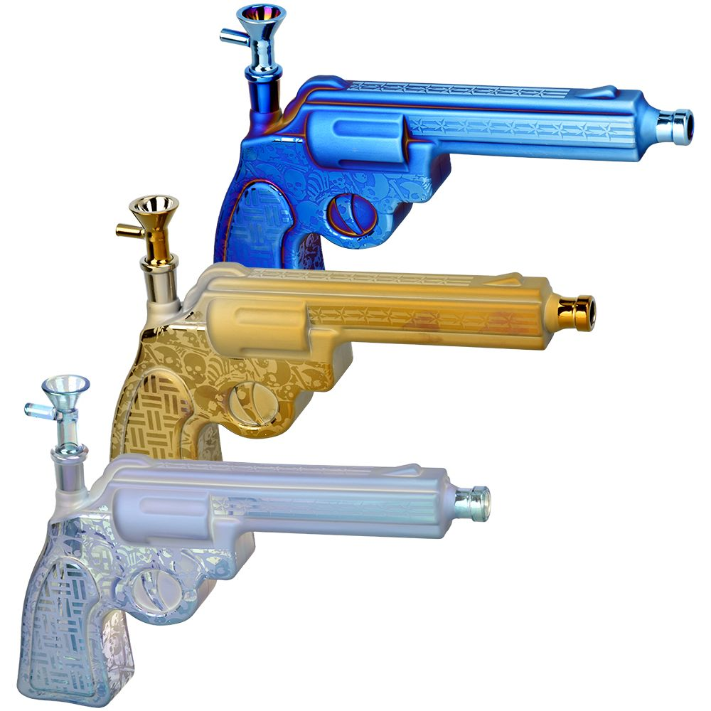 Six Gun A-Blazin' Electroplated Glass Pistol Bubbler | 10.75" | 14mm F | Colors Vary