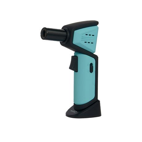 Maven Torch Nova Windproof Lighter in Sky Blue - Side View on Stand, Adjustable Flame