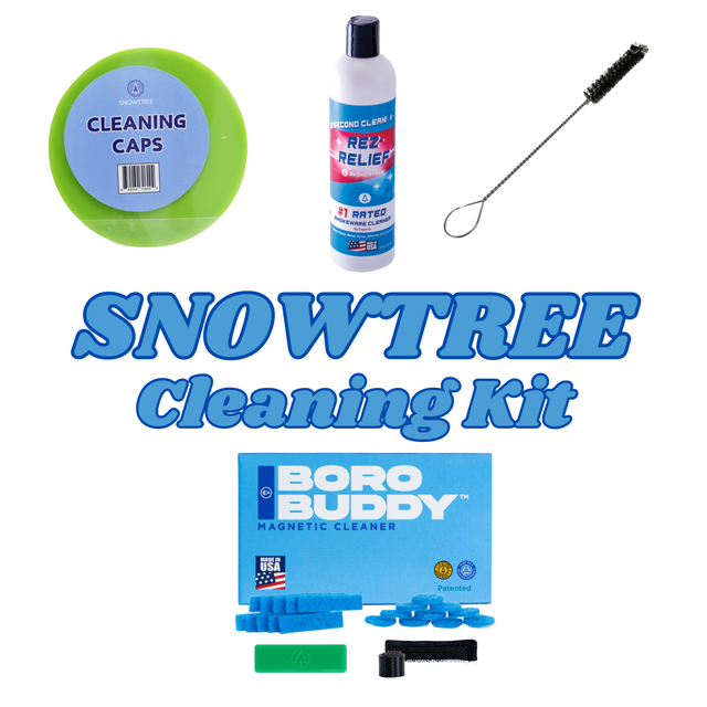 SnowTree Cleaning Kit with solution, caps, brush, and magnetic cleaner for bongs and pipes