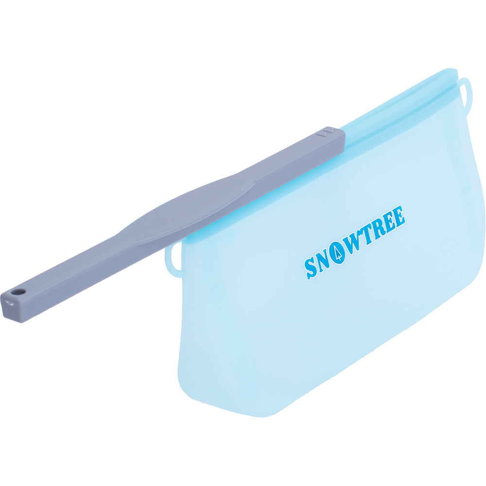 Snowtree Silicone Soak & Seal Bag in blue, perfect for cleaning bong accessories, angled view