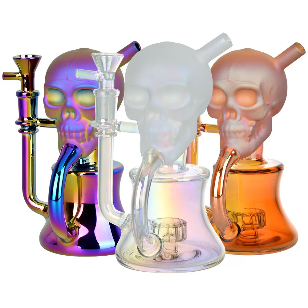 Solemn Skull Electroplated Glass Recycler Water Pipe | 6.75" | 14mm F | Colors Vary