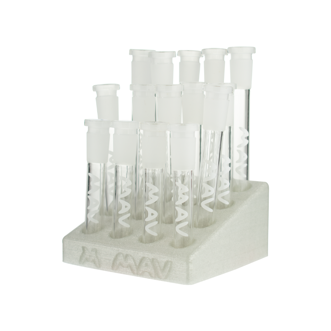 MAV Glass 16 Set Mix Clear OG Downstems on 3D Stand, Durable Borosilicate, Front View