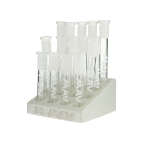 MAV Glass 16 Set Mix Clear OG Downstems on 3D Stand, Durable Borosilicate, Front View