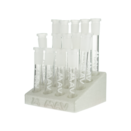 MAV Glass 16 Set Mix Clear OG Downstems on 3D Stand, Durable Borosilicate, Front View