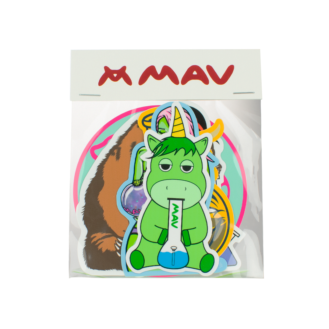 MAV Art Sticker Pack featuring vibrant vinyl stickers with whimsical designs, front view