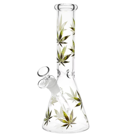 Stylized Hemp Leaf Glow in the Dark Glass Beaker Water Pipe | 10" | 14mm F | Designs Vary