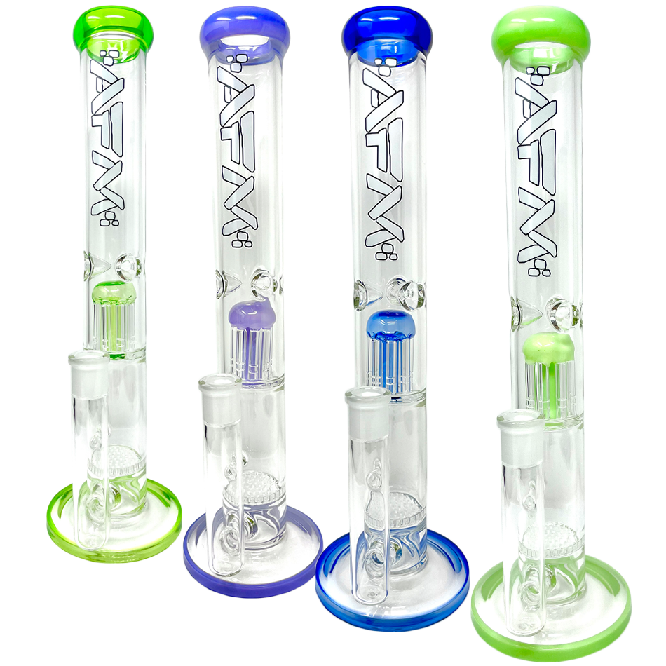 AFM Glass Ripper Single Arm Perc Straight Tube Bongs in various colors with clear borosilicate glass