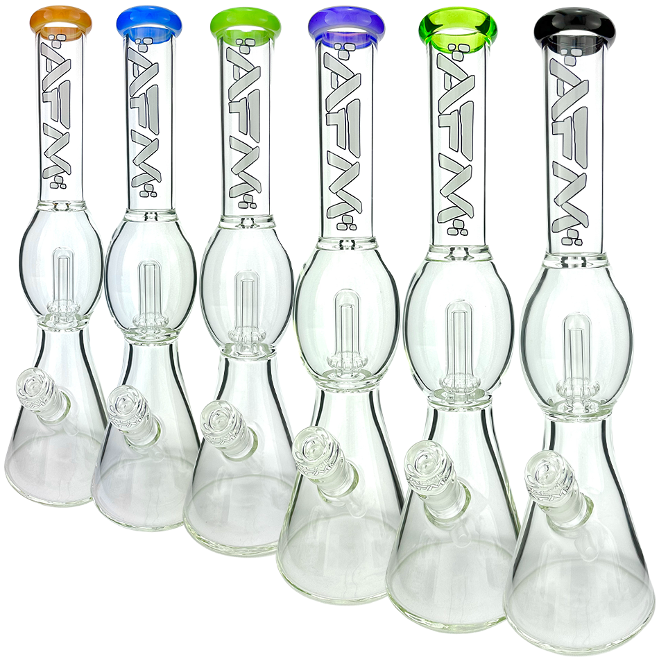 AFM Glass Beaker Bongs with Flying Saucer Color Lips and Showerhead Perc, Front View