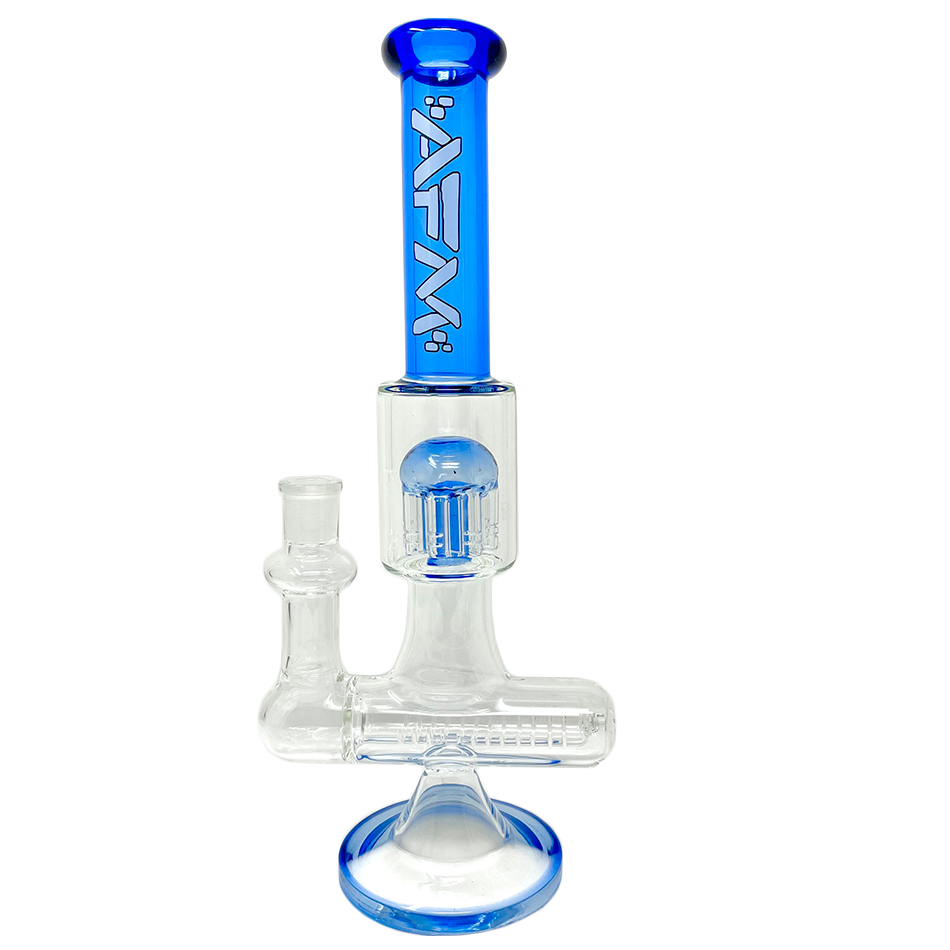 12" AFM Glass Sidewinder Bong with Inline Perc, Blue Accents, Front View on White Background