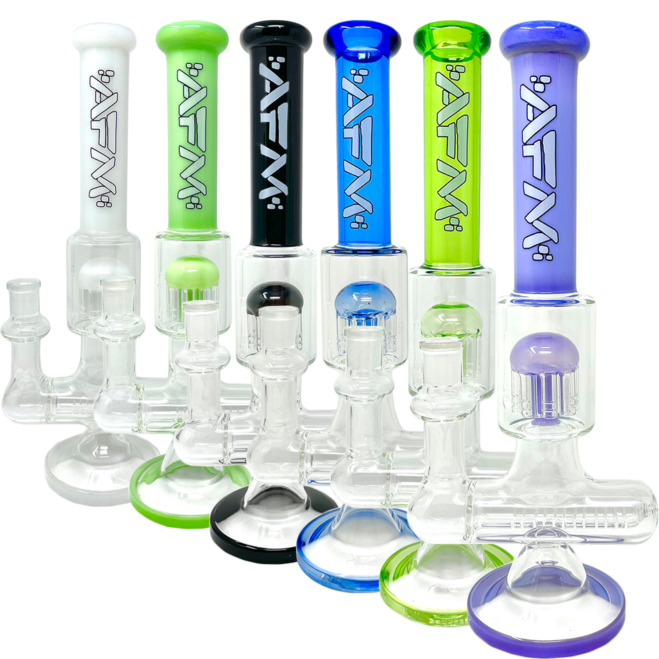 Collection of 12" AFM Glass Sidewinder Bongs with Inline Perc and Color Accents