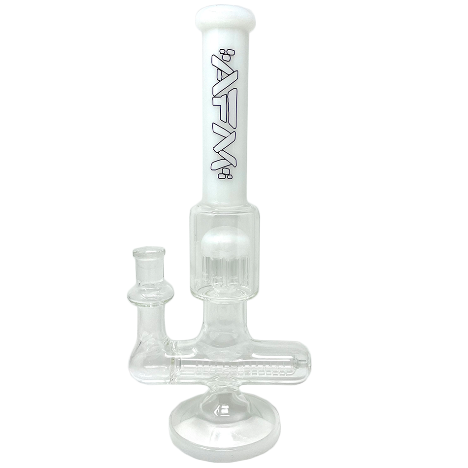 12" AFM Glass Sidewinder Inline Perc Bong in White with Color Accents, Front View on Seamless White Background