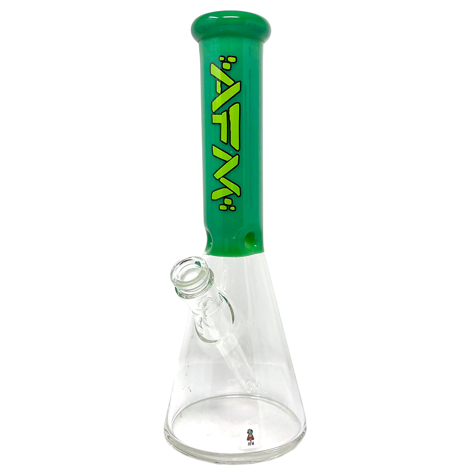 12" AFM Glass Beaker Bong with Extraterrestrial Green Sleeve, Front View on White Background