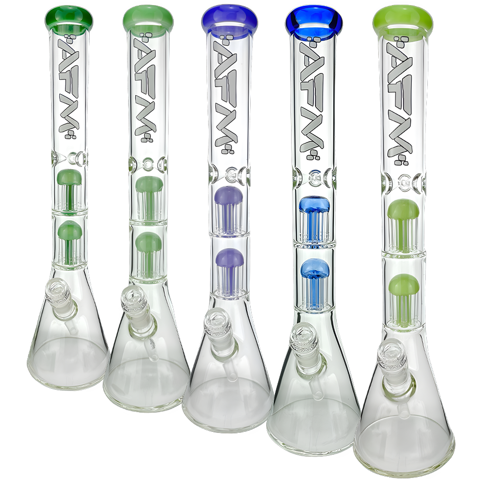 AFM Glass Beaker Bongs lineup with Double Arm Percs, 9mm thickness, and colored accents