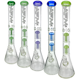 AFM Glass Beaker Bongs lineup with Double Arm Percs, 9mm thickness, and colored accents