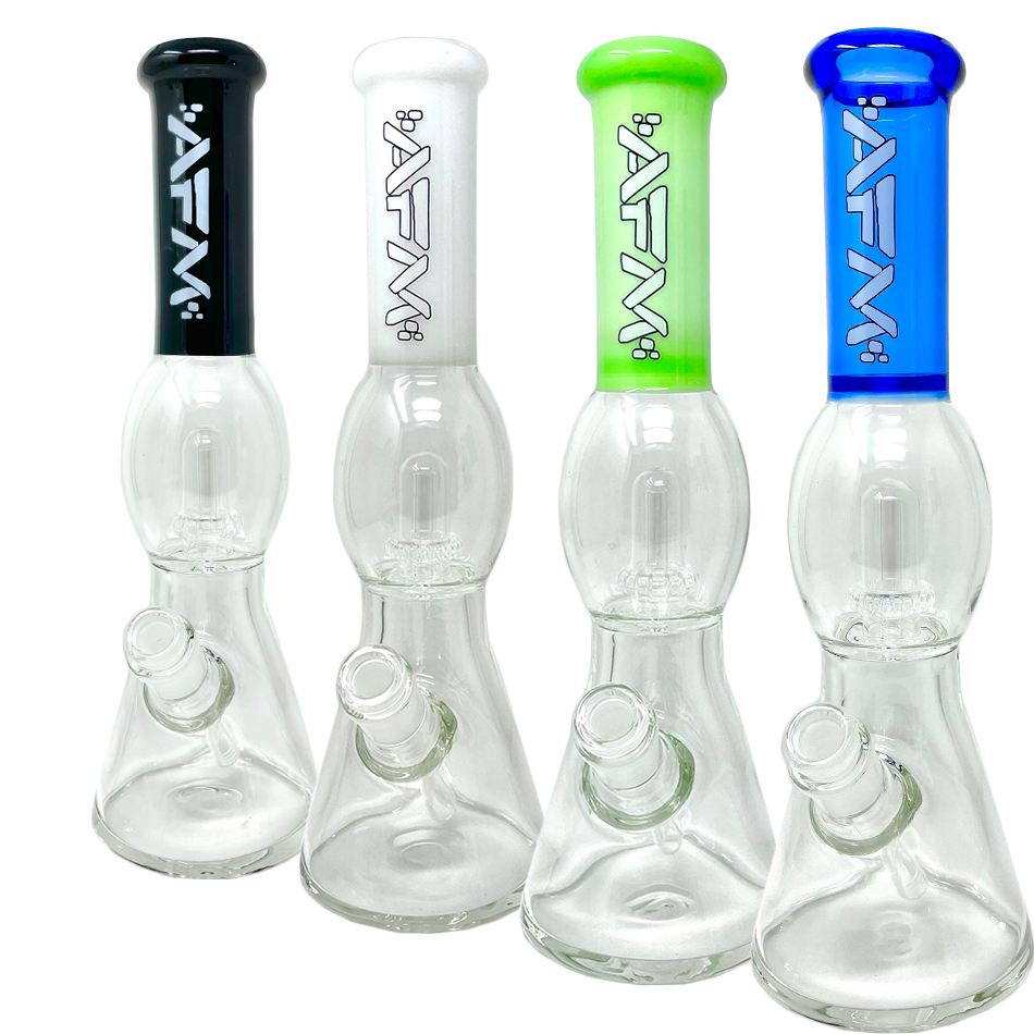 AFM Glass 12" UFO Sleeve Beaker Bongs in various colors with showerhead perc, front view