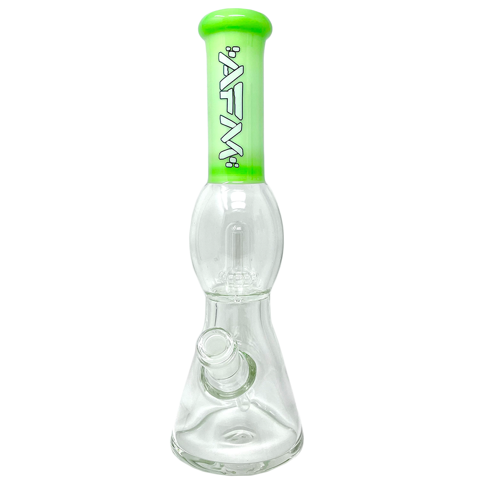 12" AFM Glass Beaker Bong with UFO Sleeve & Showerhead Perc, Green Accents, Front View