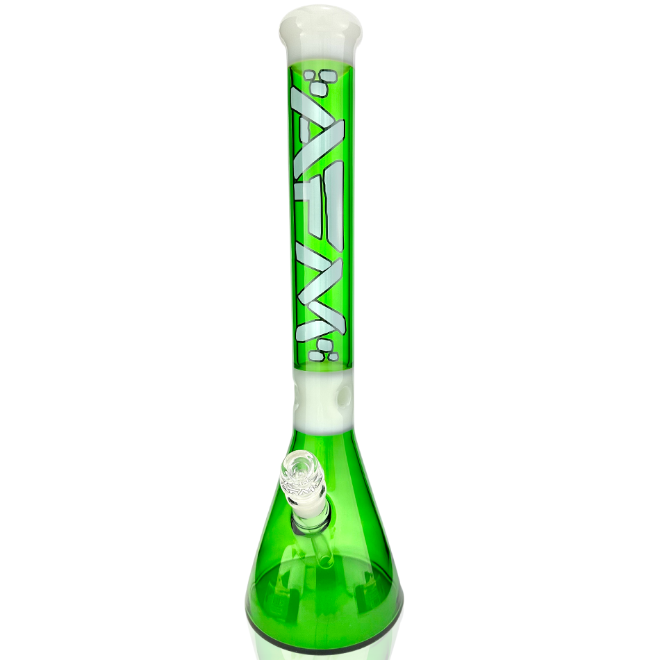 18" AFM Pulsar Beaker Bong in Forest Green/Ivory, 14mm Female Joint, Front View on White