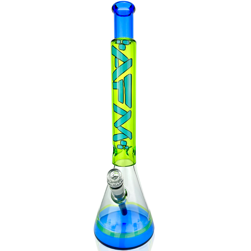 18" AFM Quasar Glass Beaker Bong in Lime with Blue Accents - Front View